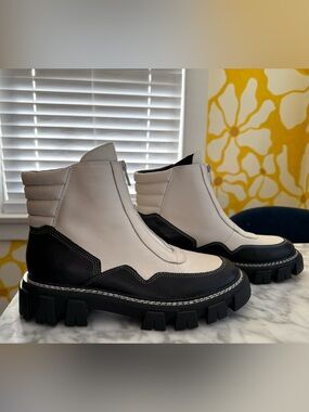 Marc Fisher Two-Tone Black and Cream Chunky Lug Ankle Boots